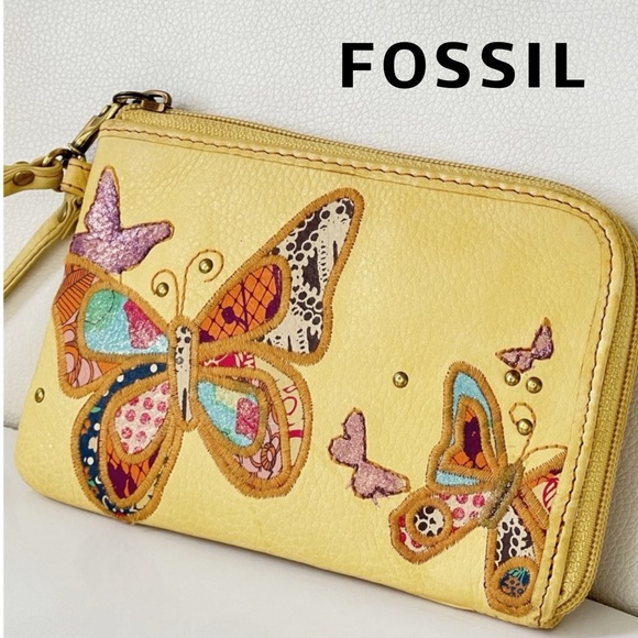 Fossil Handbags - Fossil Embroidered Butterflies Floral Wristlet Wallet‎ Leather Yellow Clutch